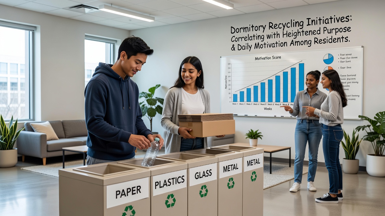 Group of residents reviewing recycling progress charts posted in a dormitory common room