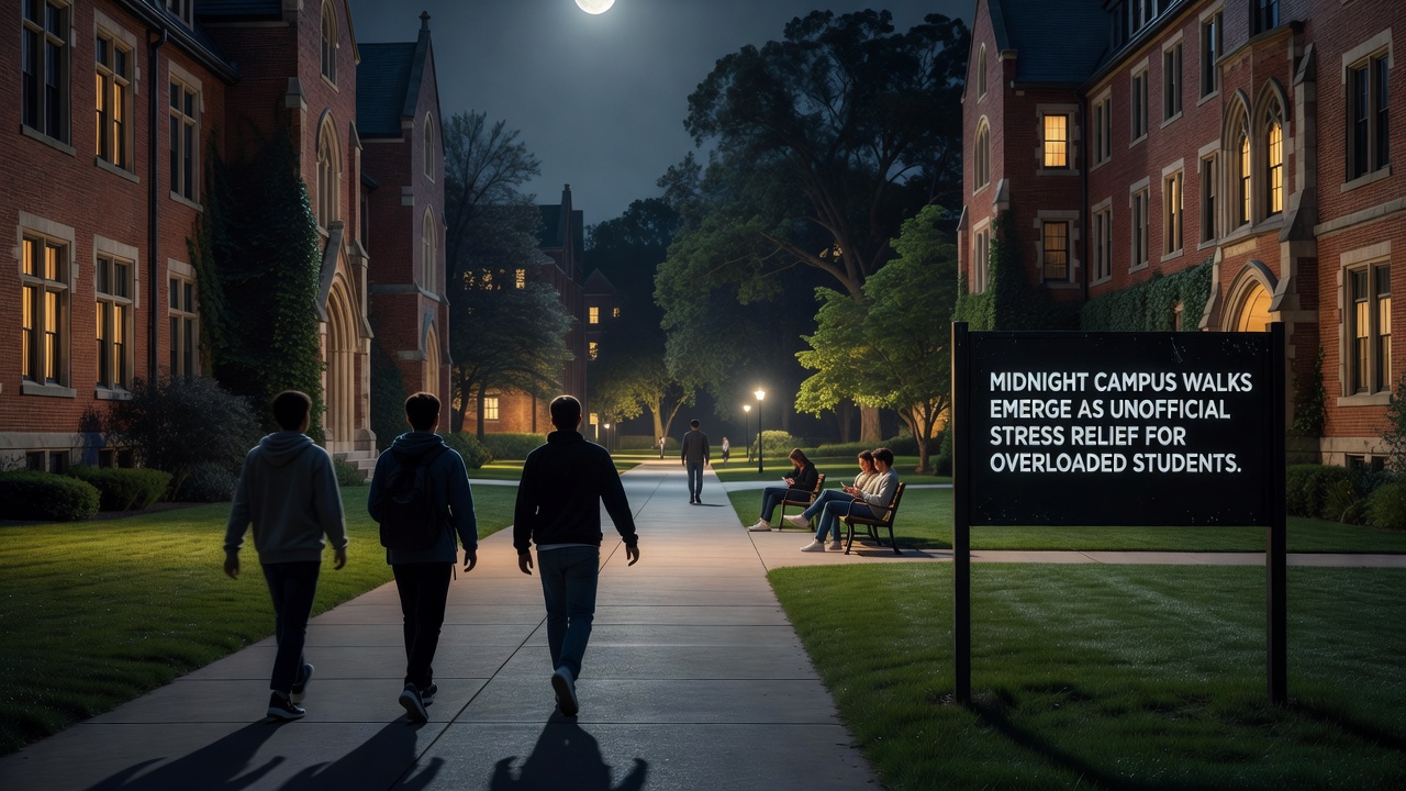 Group of students pausing on a quiet campus trail during a late-night walk