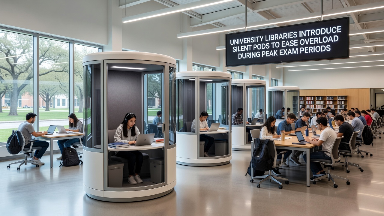 Interior view of a silent pod showing a student using a laptop with focused lighting and minimal distractions in a university setting